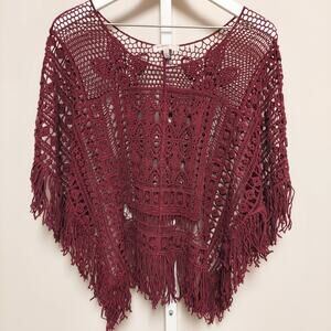 Blue Pepper M Burgundy Fringe Poncho Top Boho Bohemian Hippie Festival Beach